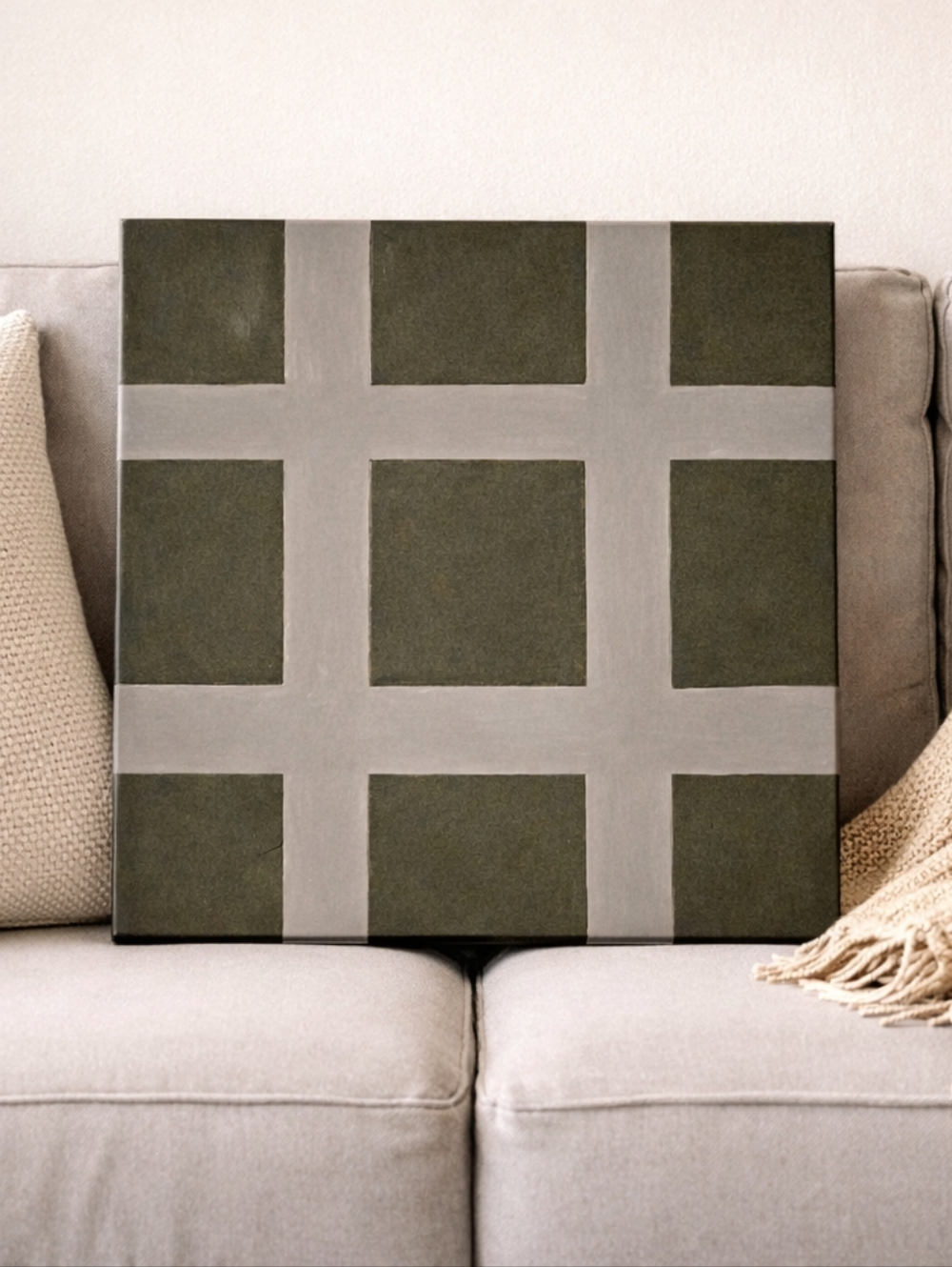Modern Abstract Grid Canvas Wall Art Gray Olive Green Minimalist Decor - Picture 1 of 3